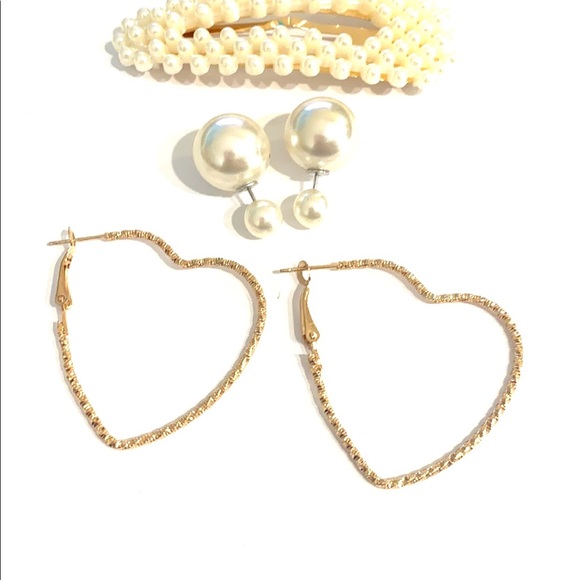 Earrings Barrette Set Gold Tone Hearts Faux Pearls - Picture 2 of 9